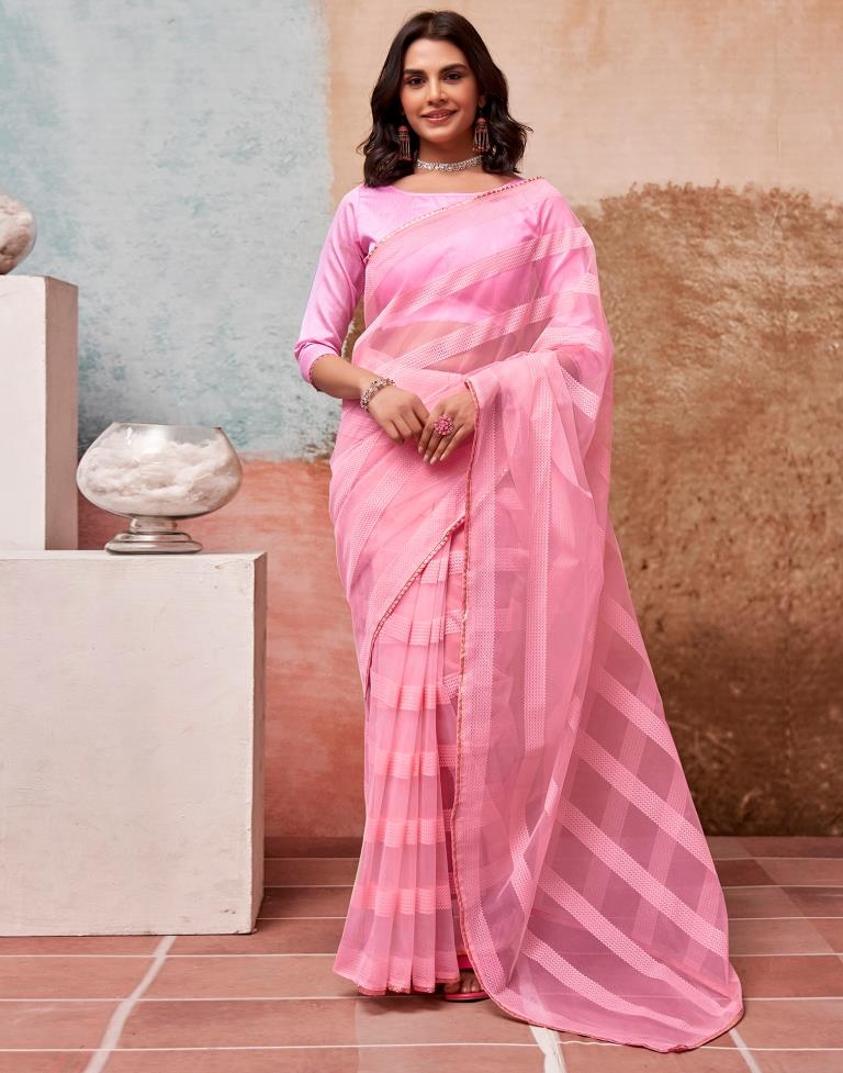 Light Pink Organza Plain Saree