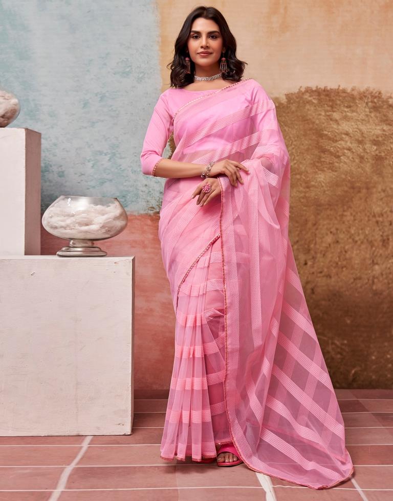 Light Pink Organza Plain Saree