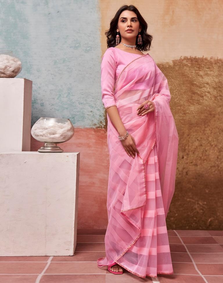 Light Pink Organza Plain Saree