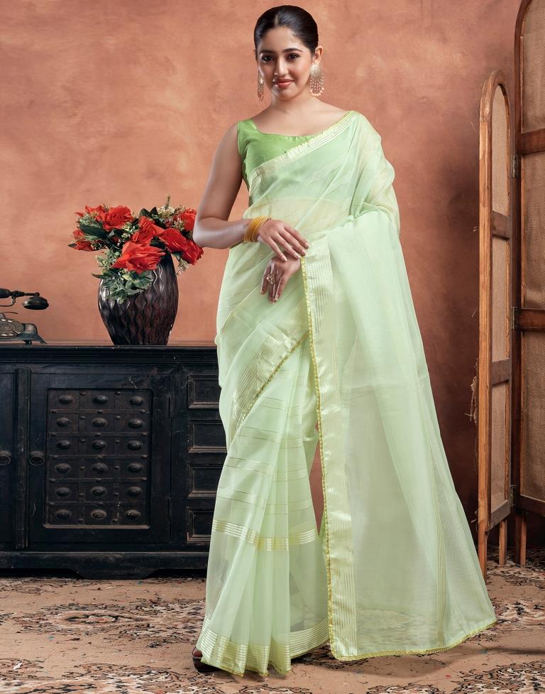 Light Pista Green Organza Plain Saree