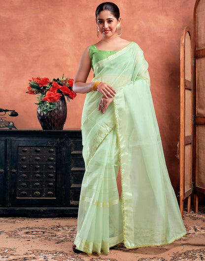 Light Pista Green Organza Plain Saree