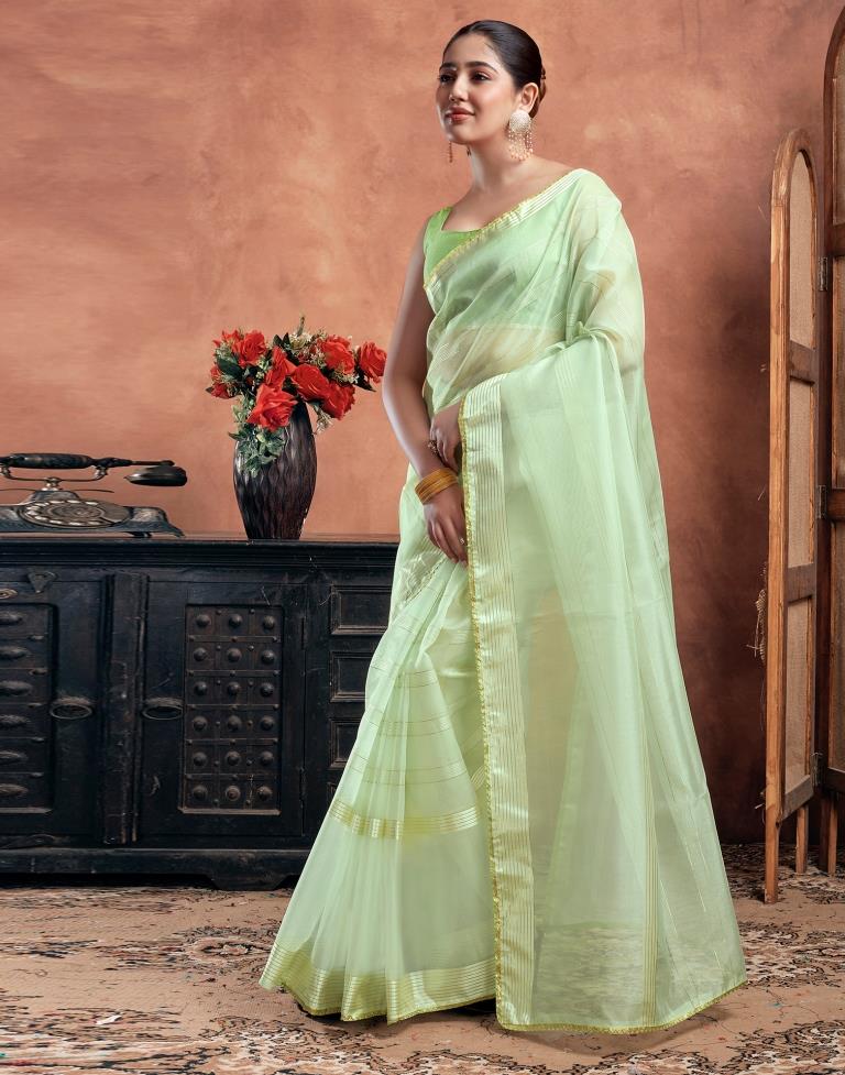 Light Pista Green Organza Plain Saree