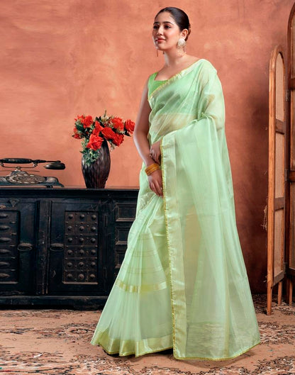 Light Pista Green Organza Plain Saree