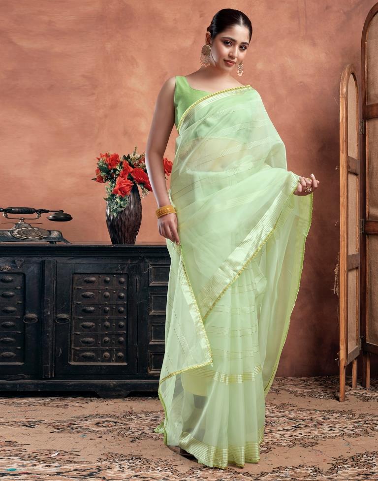 Light Pista Green Organza Plain Saree