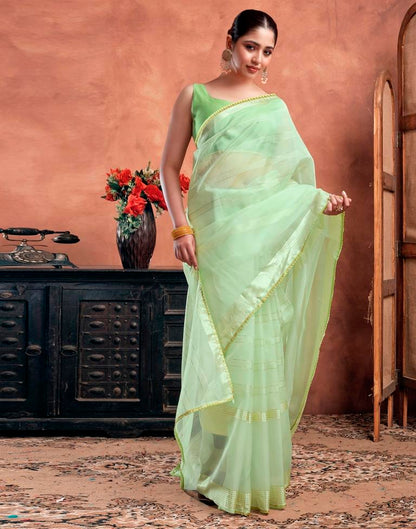 Light Pista Green Organza Plain Saree