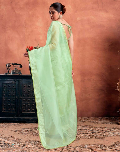 Light Pista Green Organza Plain Saree