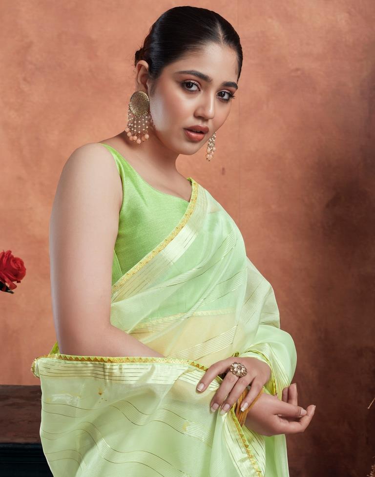 Light Pista Green Organza Plain Saree