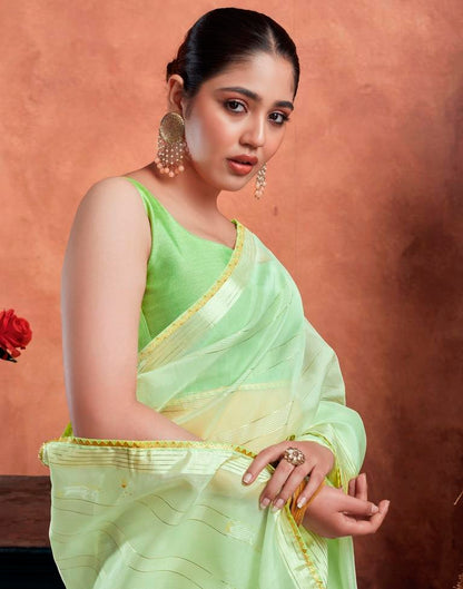 Light Pista Green Organza Plain Saree