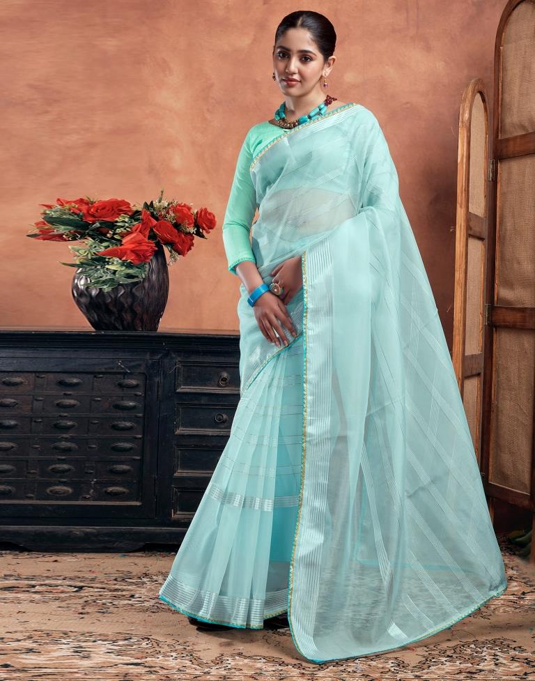 Sky Blue Organza Plain Saree