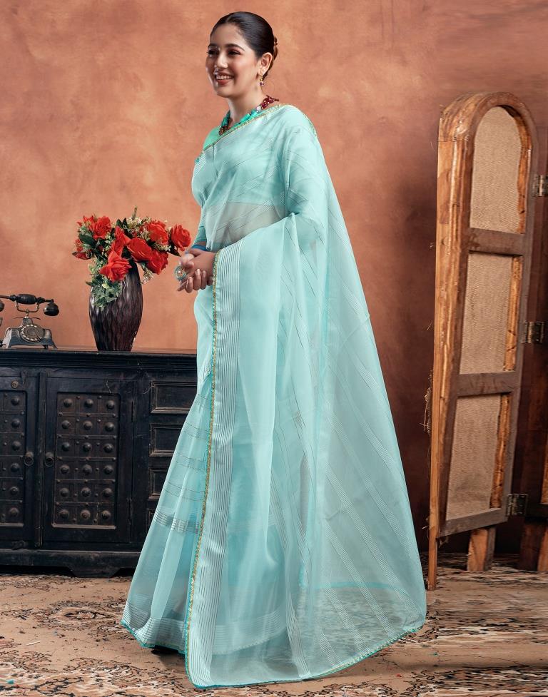 Sky Blue Organza Plain Saree