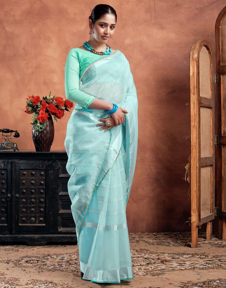 Sky Blue Organza Plain Saree