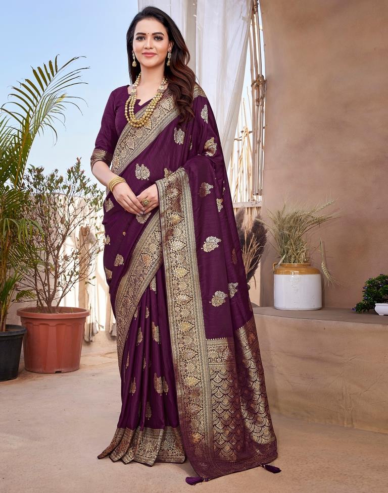 Wine Silk Woven Saree