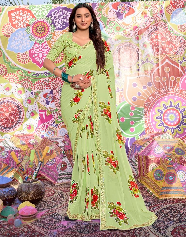 Pista Green Georgette Printed Saree