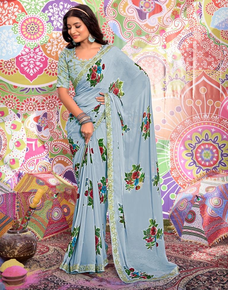 Grey Georgette Printed Saree