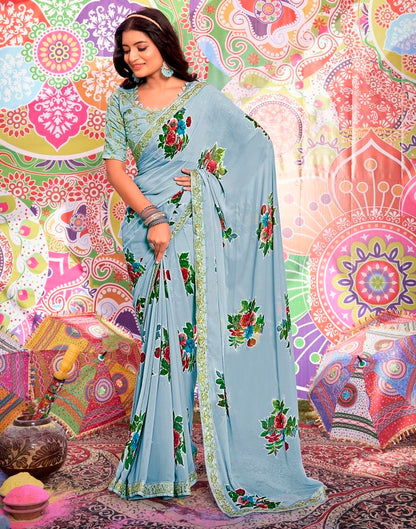 Grey Georgette Printed Saree