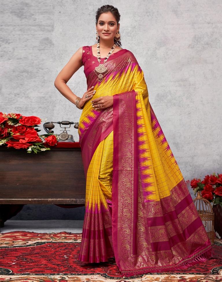 Deep Pink Printed Kanjivaram Silk Blend Saree