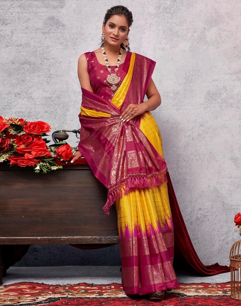 Deep Pink Printed Kanjivaram Silk Blend Saree