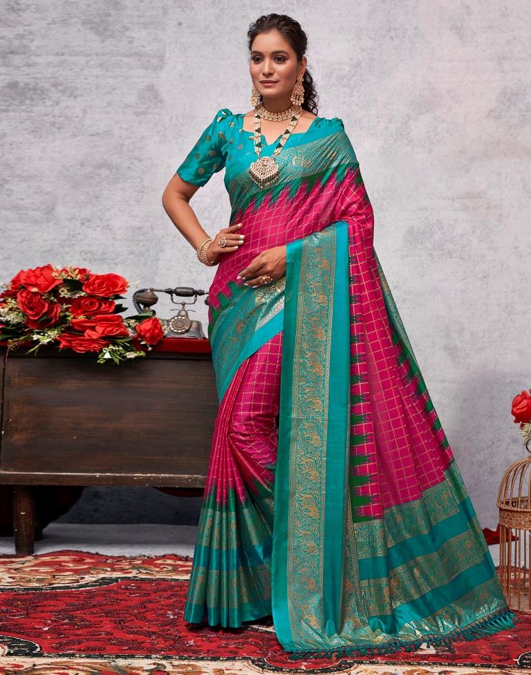 Teal Blue Printed Kanjivaram Silk Blend Saree