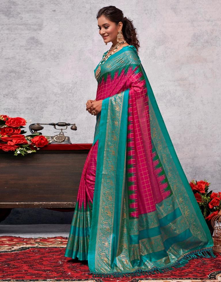 Teal Blue Printed Kanjivaram Silk Blend Saree