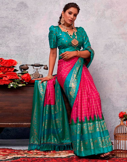 Teal Blue Printed Kanjivaram Silk Blend Saree