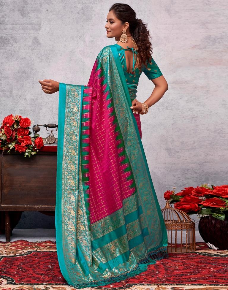 Teal Blue Printed Kanjivaram Silk Blend Saree