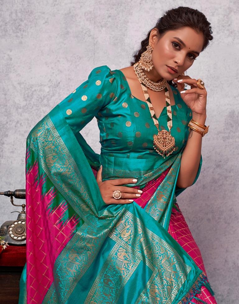 Teal Blue Printed Kanjivaram Silk Blend Saree