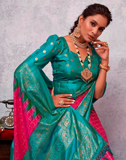 Teal Blue Printed Kanjivaram Silk Blend Saree