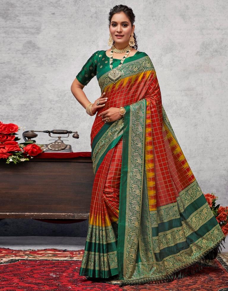 Dark Green Printed Kanjivaram Silk Blend Saree