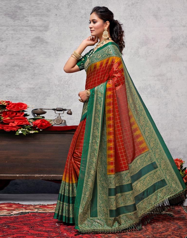 Dark Green Printed Kanjivaram Silk Blend Saree