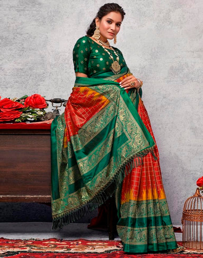 Dark Green Printed Kanjivaram Silk Blend Saree