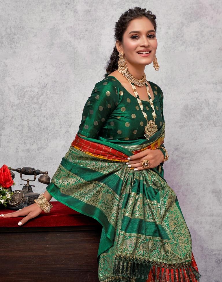 Dark Green Printed Kanjivaram Silk Blend Saree