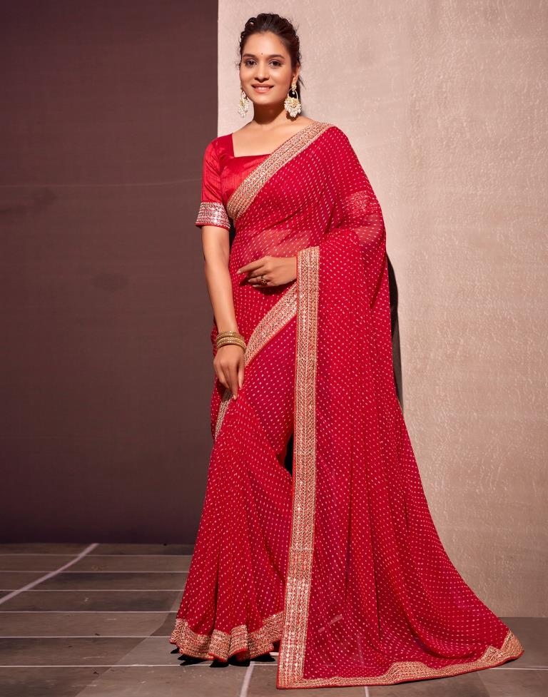 Deep Red Georgette Embroidery Saree