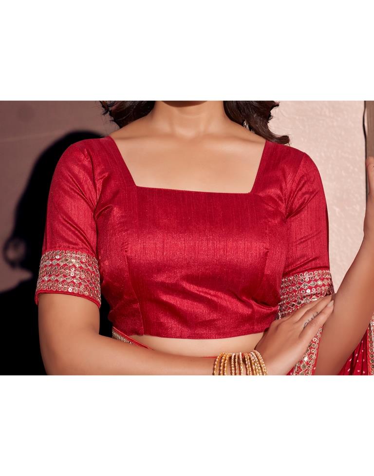 Deep Red Georgette Embroidery Saree