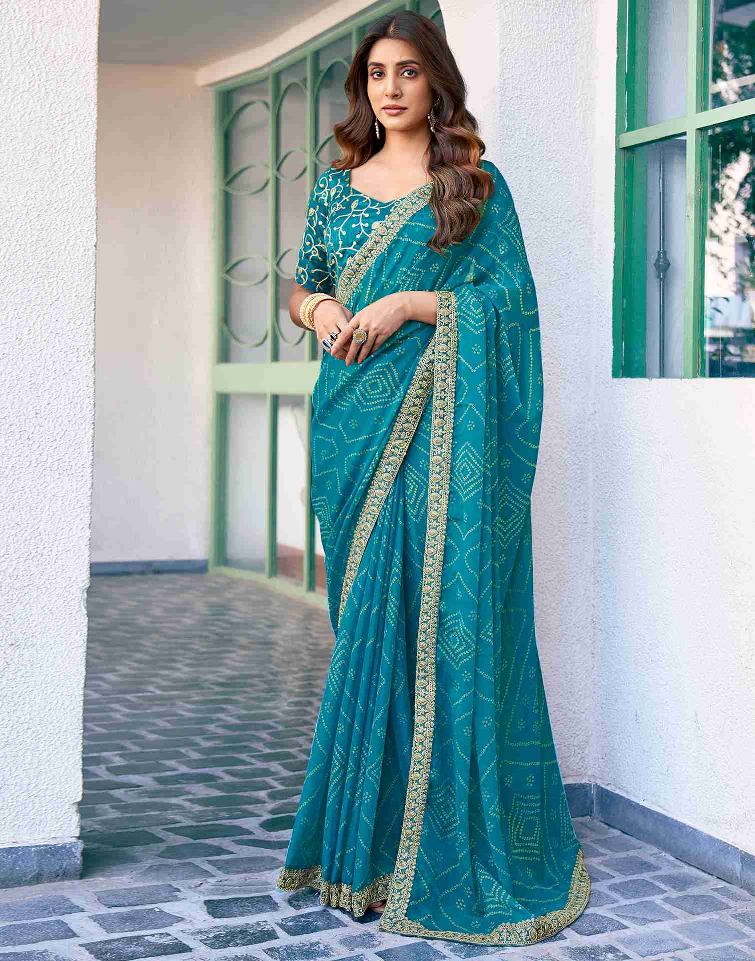 Green and Blue Chiffon store Saree