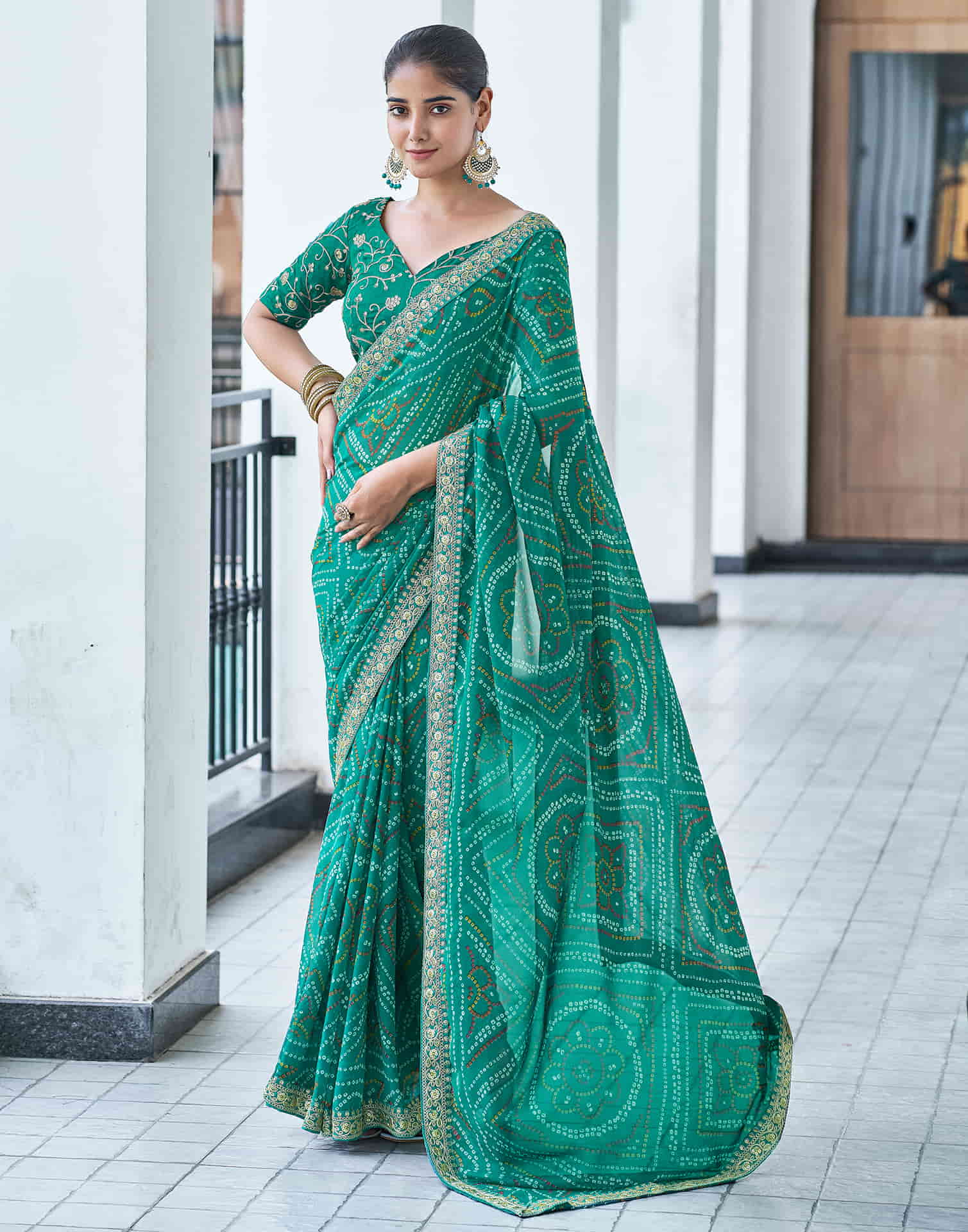 Dark Turquoise Georgette Bandhani Saree