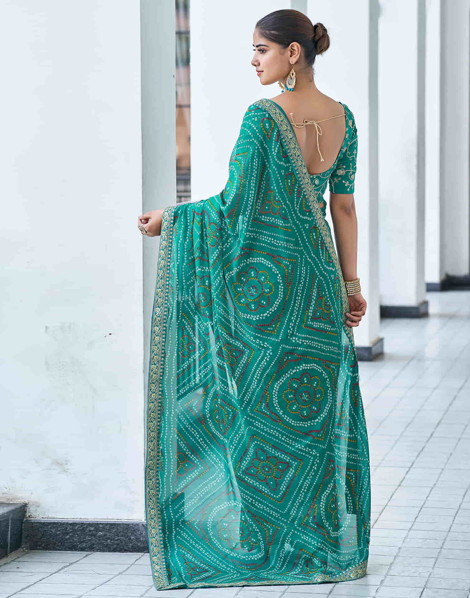 Dark Turquoise Georgette Bandhani Saree