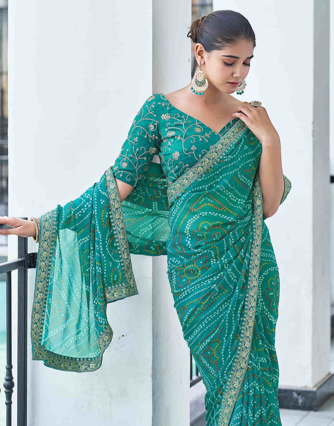 Dark Turquoise Georgette Bandhani Saree