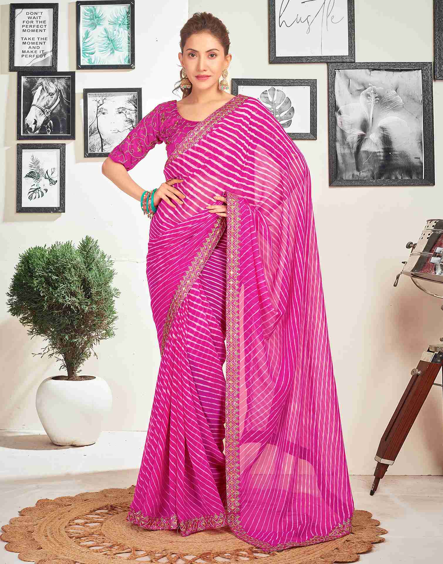 Magenta Georgette Embroidery Printed Saree