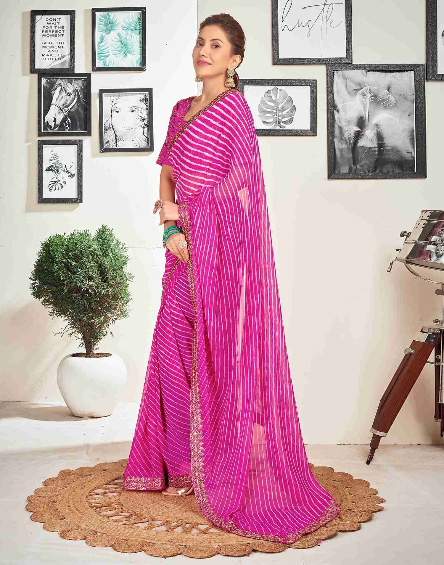 Magenta Georgette Embroidery Printed Saree