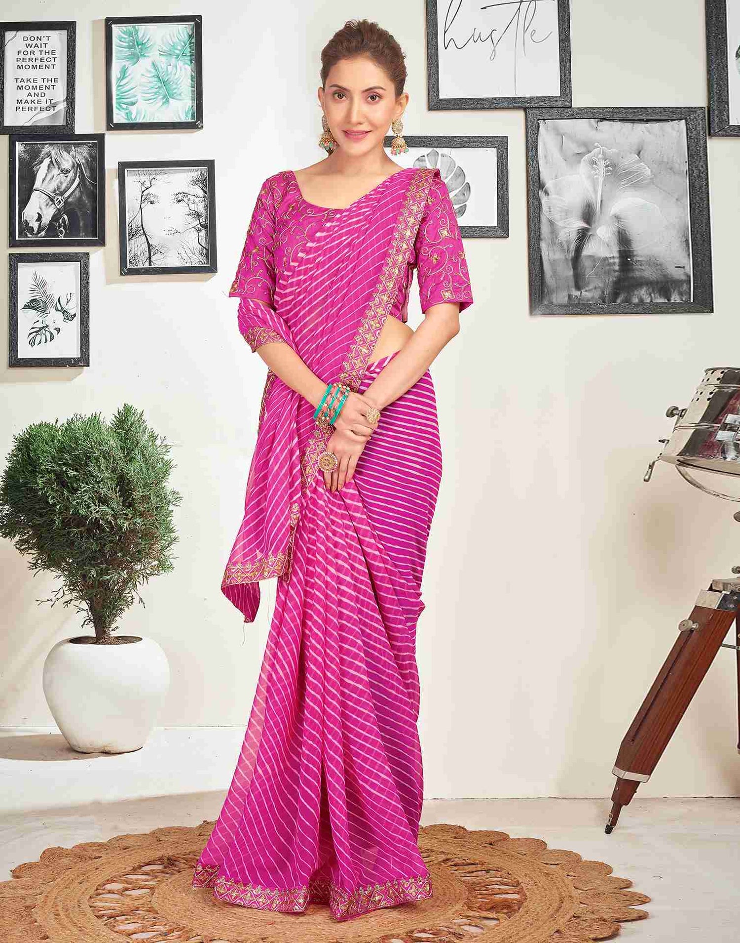 Magenta Georgette Embroidery Printed Saree