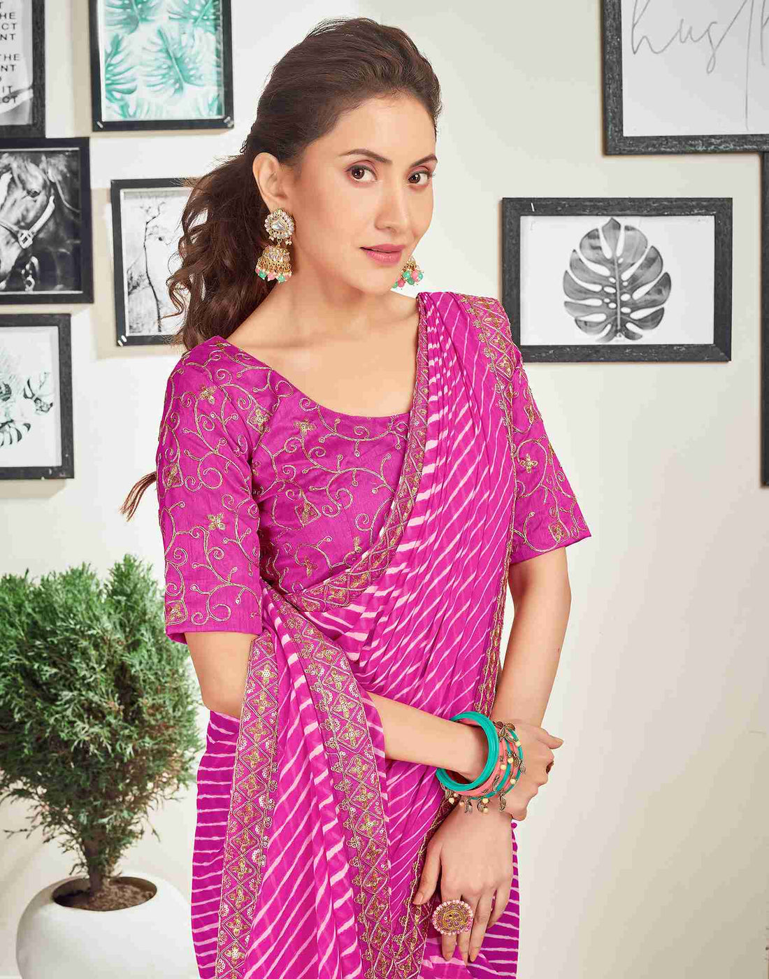 Magenta Georgette Embroidery Printed Saree