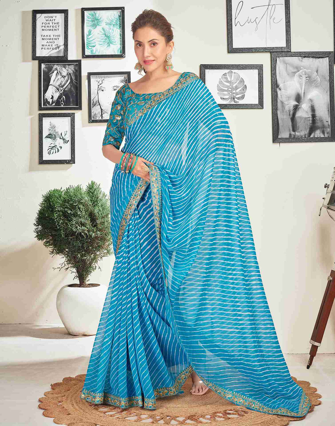 Blue Georgette Embroidery Printed Saree