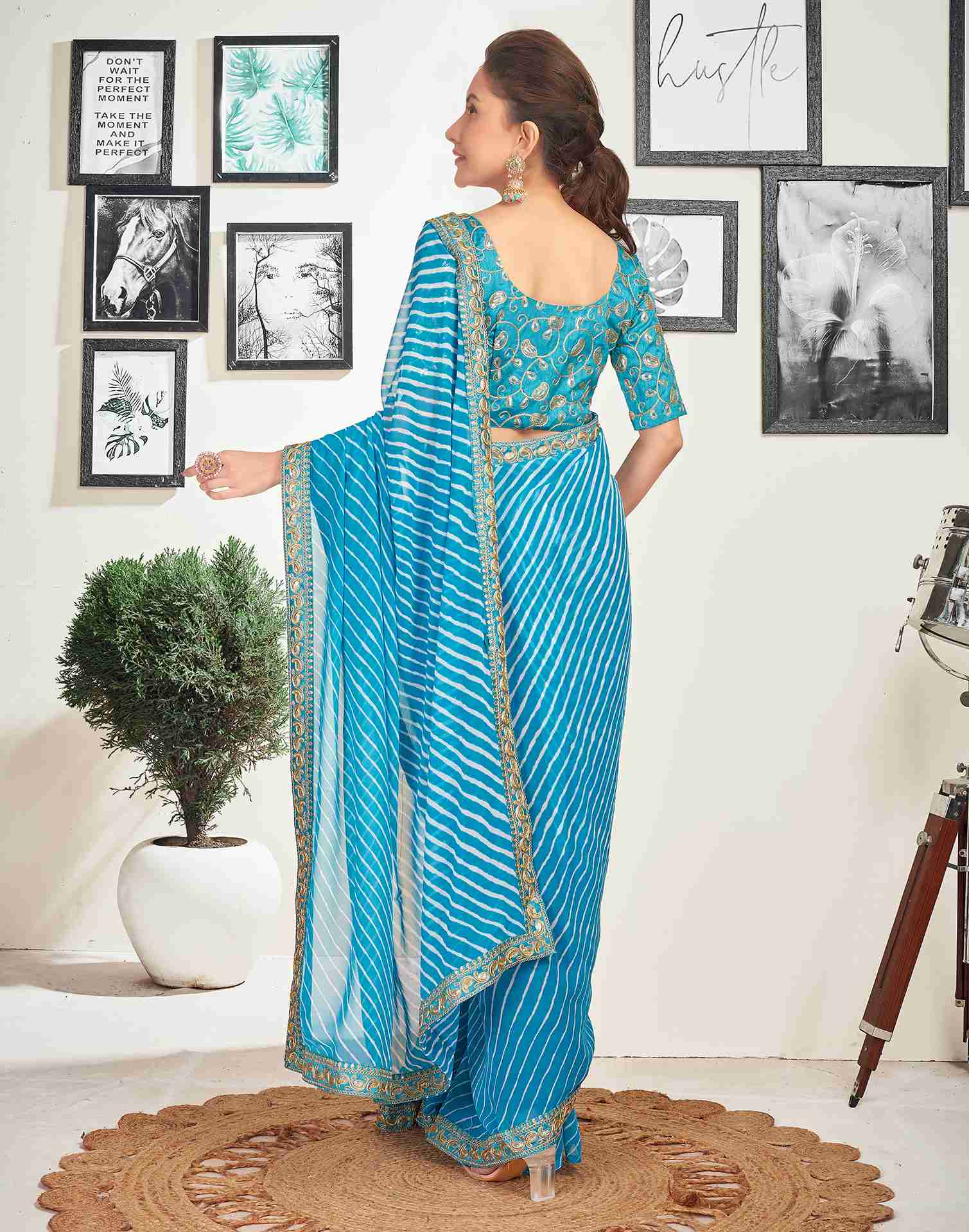 Blue Georgette Embroidery Printed Saree