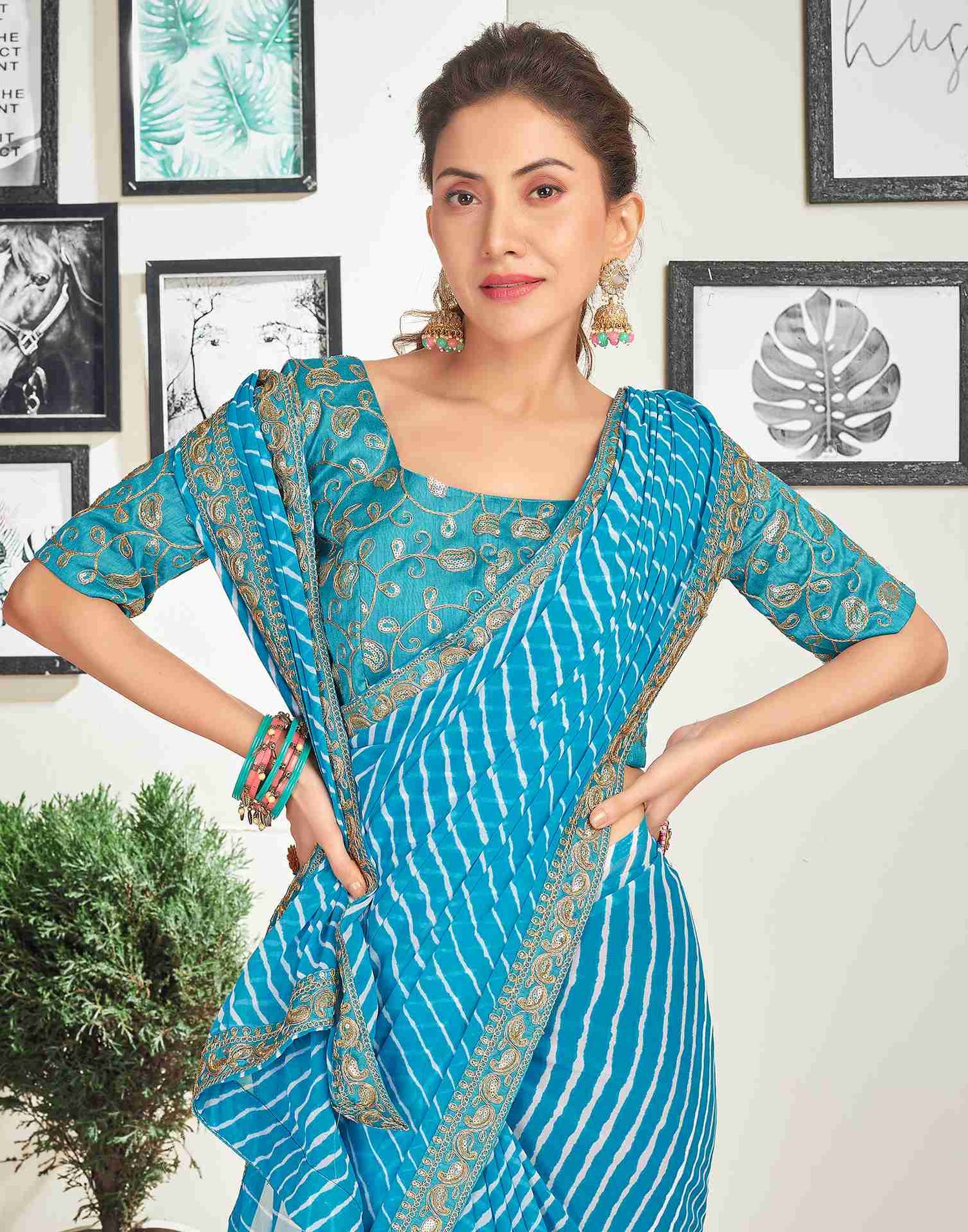 Blue Georgette Embroidery Printed Saree