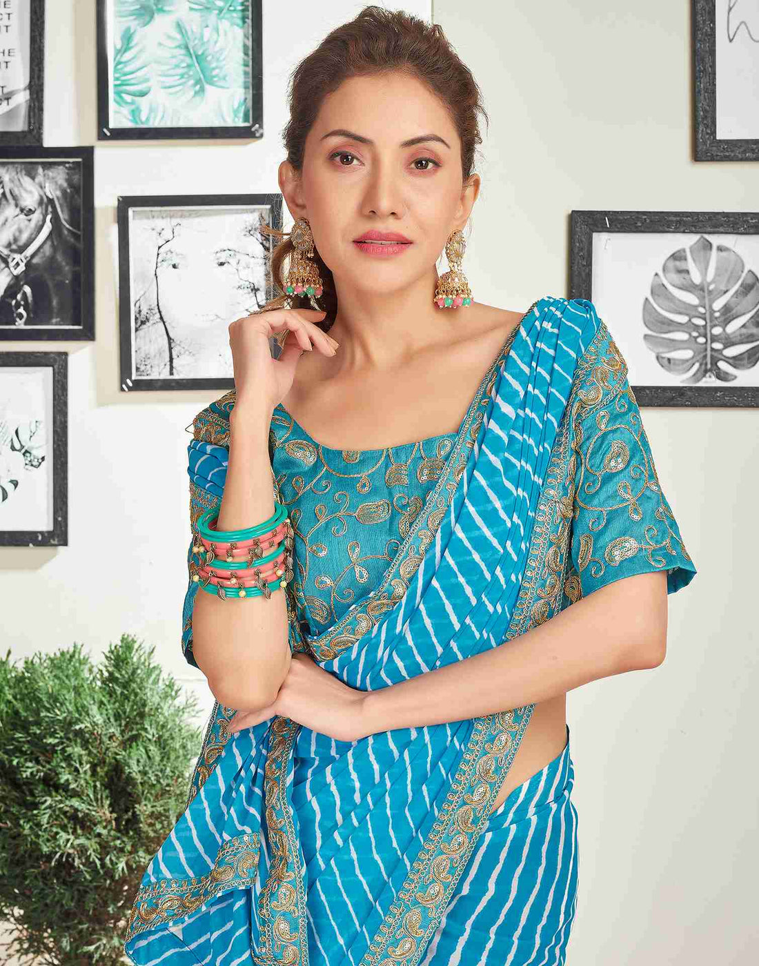 Blue Georgette Embroidery Printed Saree