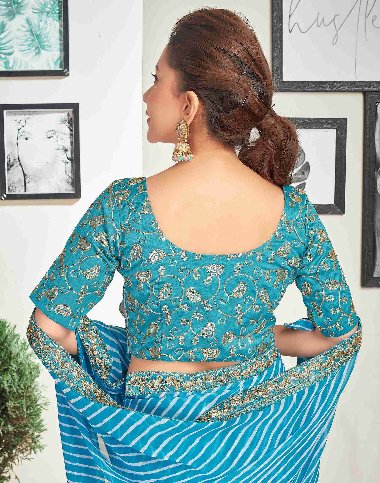 Blue Georgette Embroidery Printed Saree