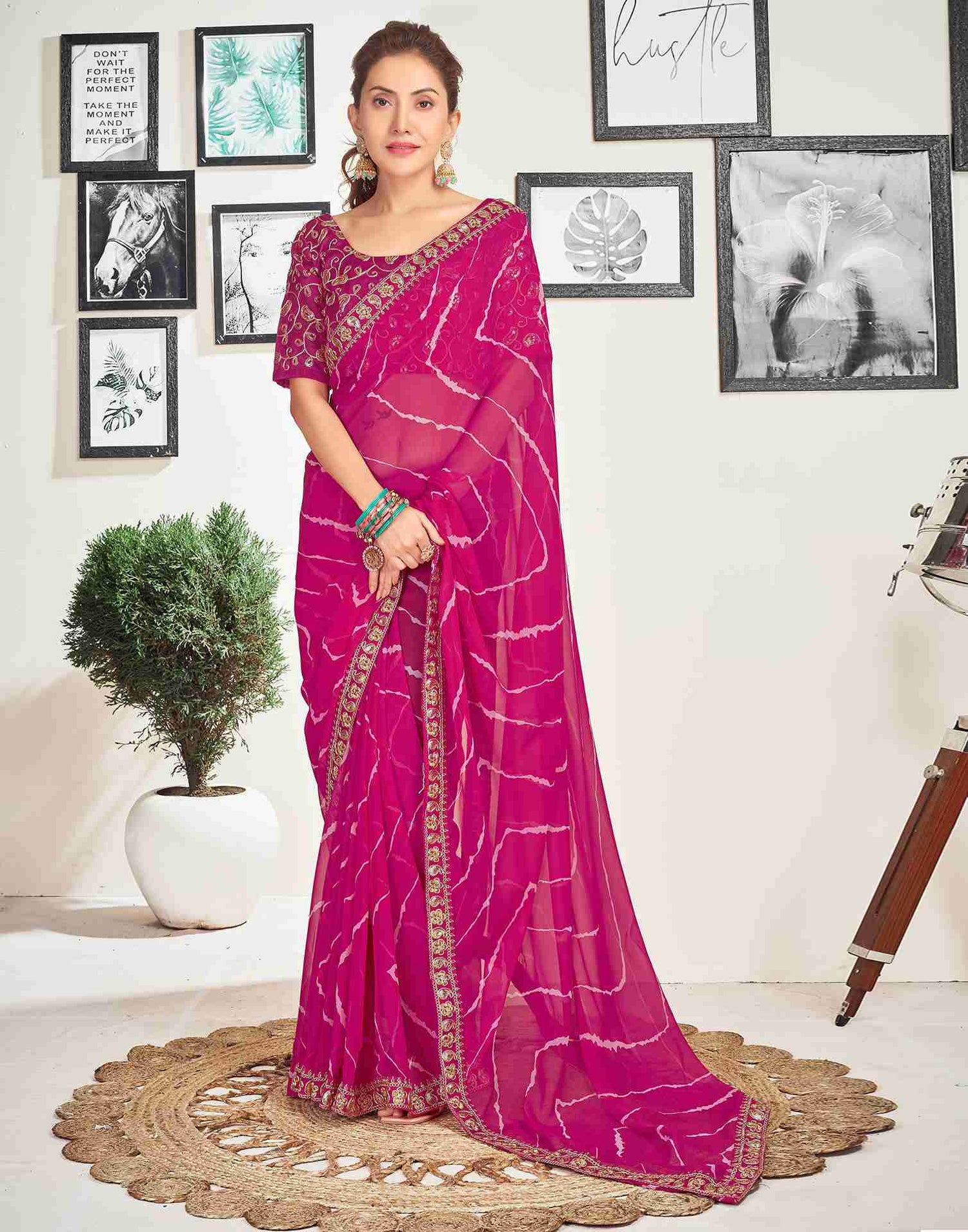 Rani Pink Georgette Embroidery Printed Saree