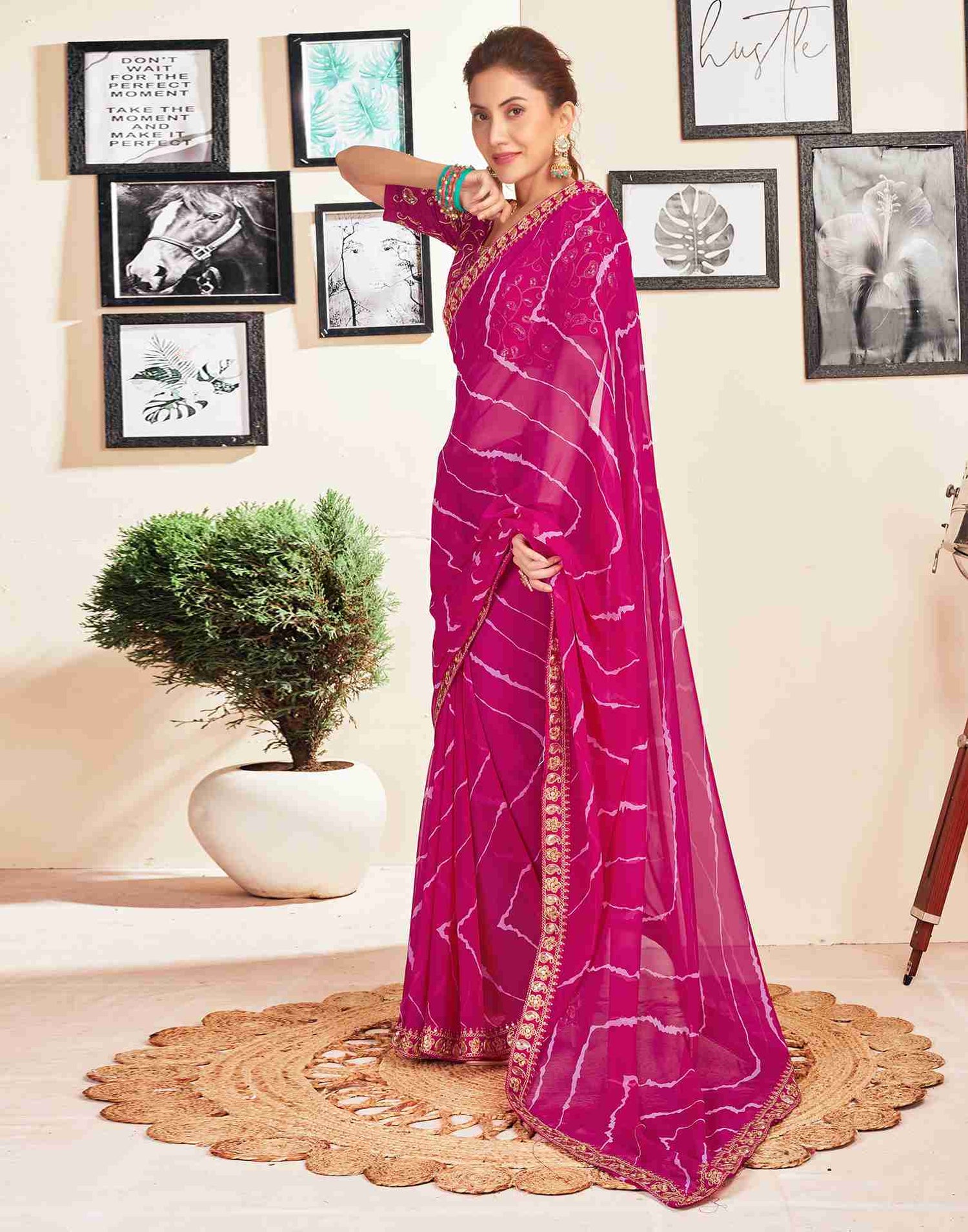 Rani Pink Georgette Embroidery Printed Saree