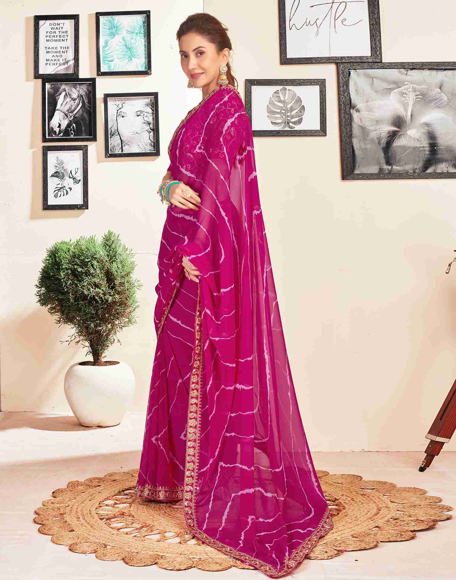 Rani Pink Georgette Embroidery Printed Saree