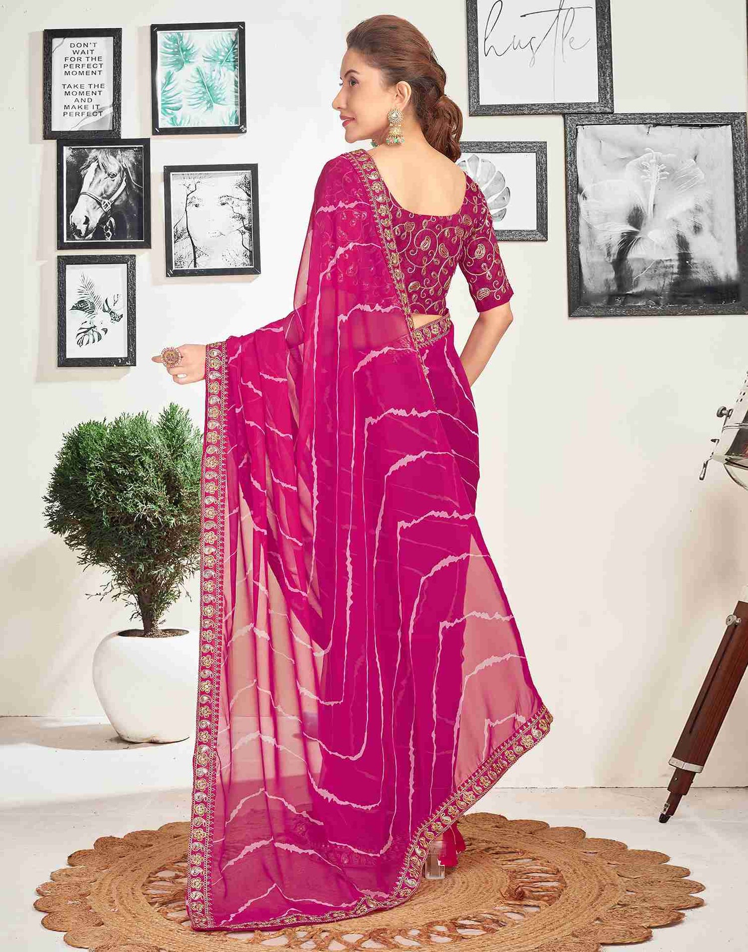 Rani Pink Georgette Embroidery Printed Saree